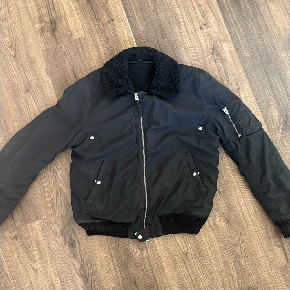 All Saints Black Bomber Jacket with Shearling Collar